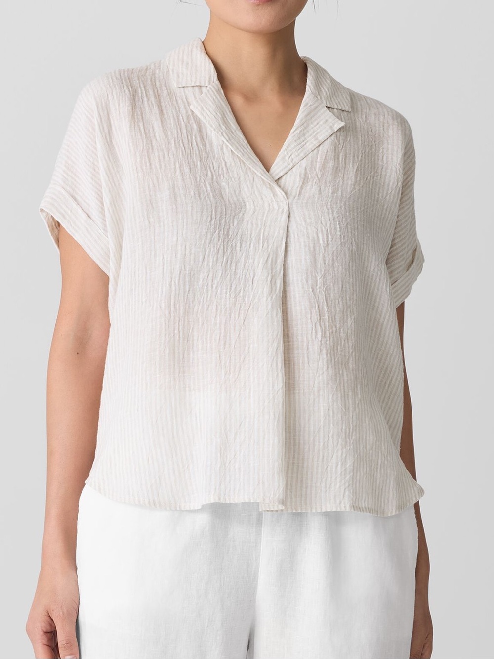 EILEEN FISHER Puckered Organic Linen Stripe Notched Collar Short Sleeve Top